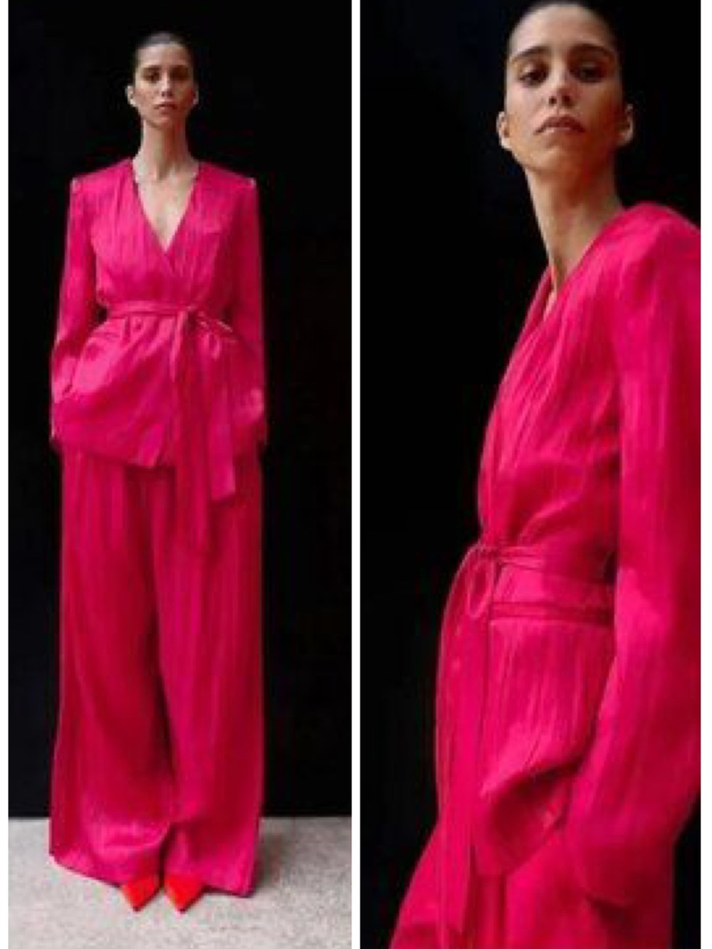 Zara Satin Wrinkle Effect Belted Blazer With Shoulder Pads Size L NWT